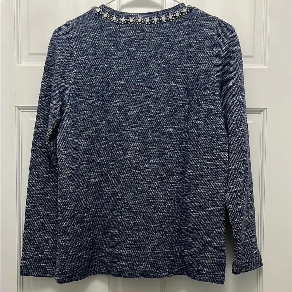 NWT J. Crew Blue and White Heathered Knit Sweater with Embellishments - Sz Small